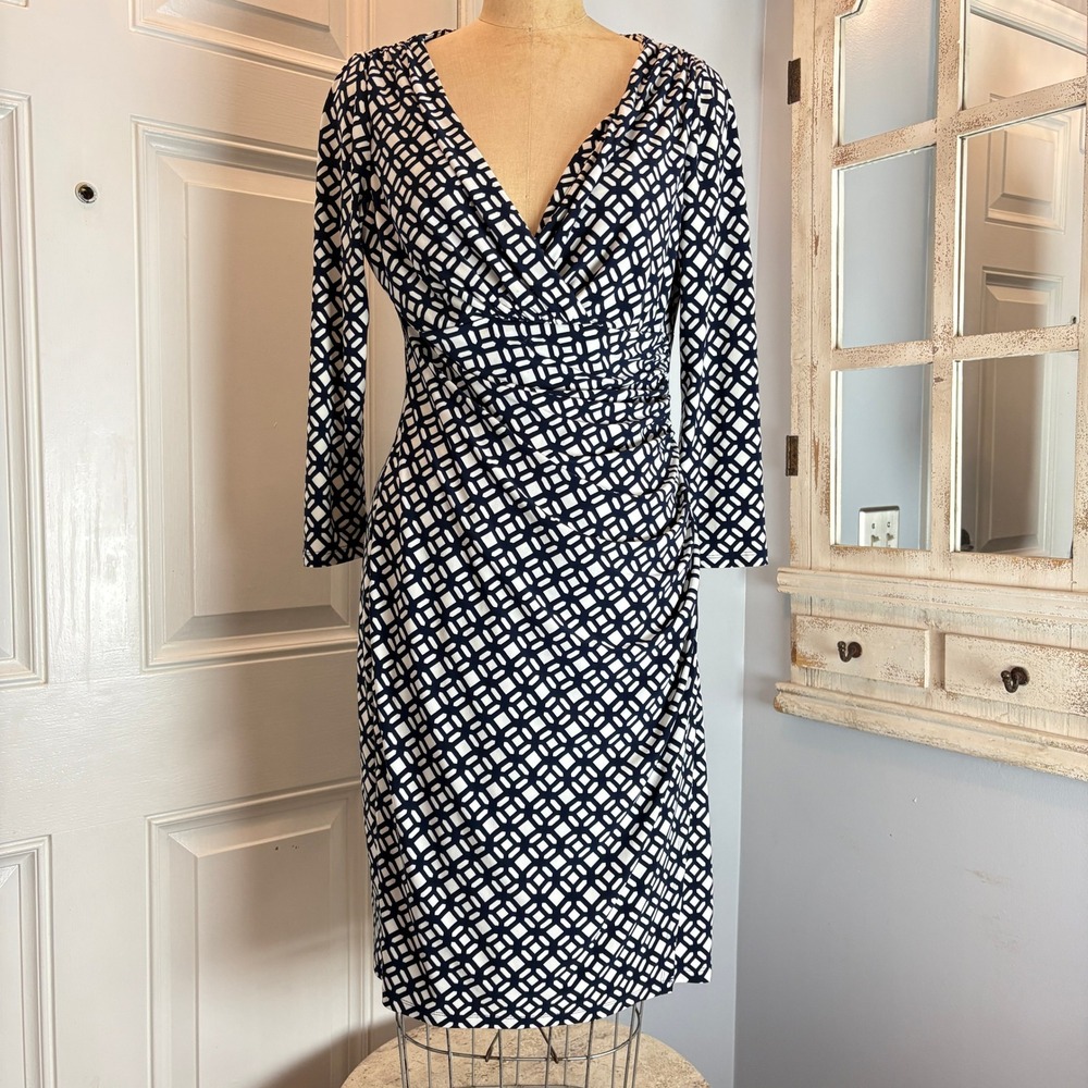 Lauren Ralph Lauren Navy White Geometric Ruched V-Neck Sheath Dress Size 8